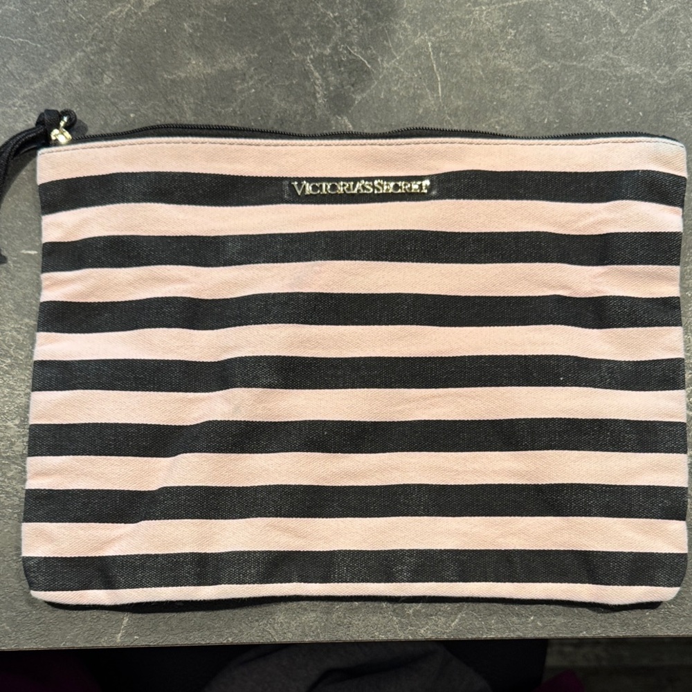 Victoria's Secret Black and Pink Striped Large Makeup Bag